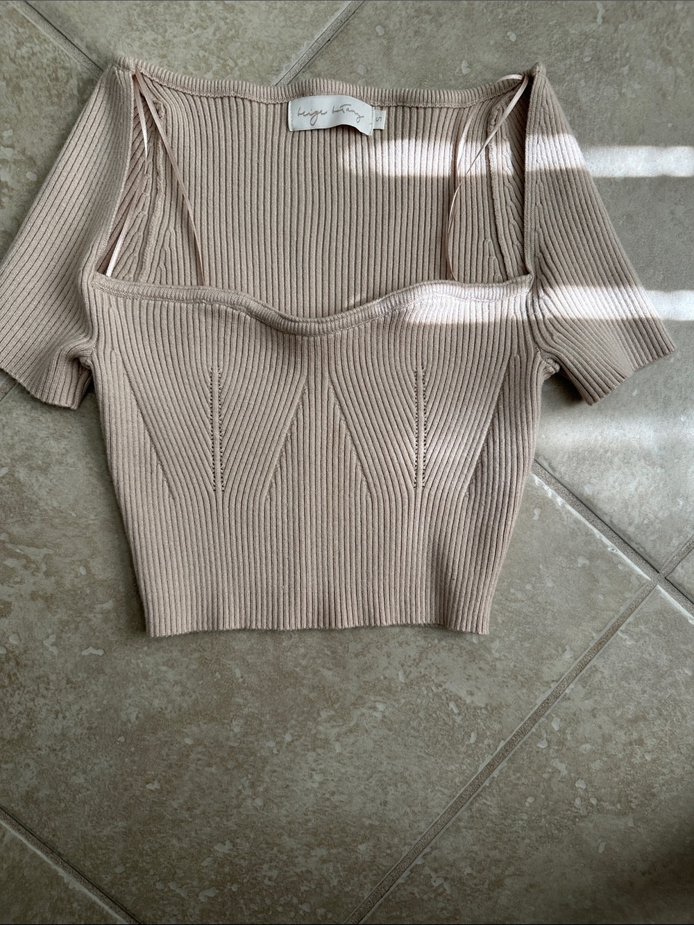 Beige Ribbed Square Neck Knit Top